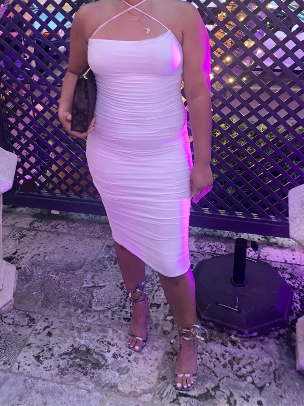 Women’s White Ruched Midi Dress with Crisscross Neckline